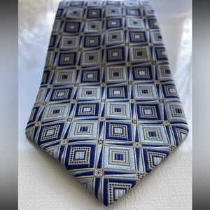 Pronto Uomo 100% Silk Neck Tie Made in Italy Blue Gold Abstract Geometry! EUC!